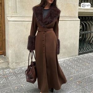 Coffee Brown Elegant Women's Faux Fur Collar Design Long Belted